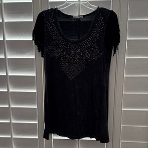 Stud-Accent Black Women's Top with Fringe Sleeves